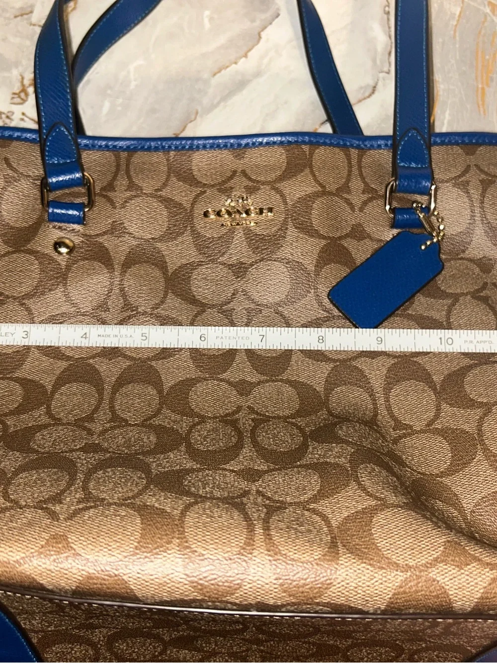 Coach Signature Canvas Zip Top Brown Blue Tote